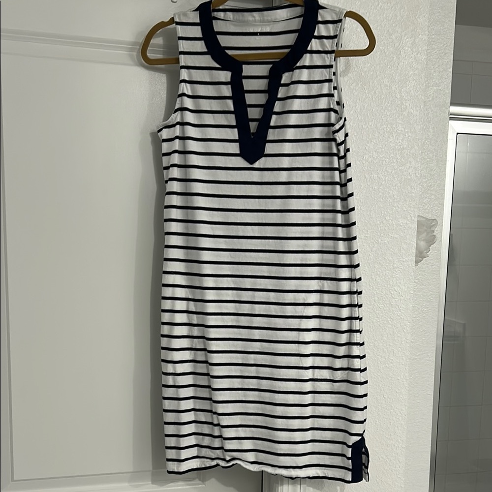 Lands' End Navy and White Striped Midi Dress